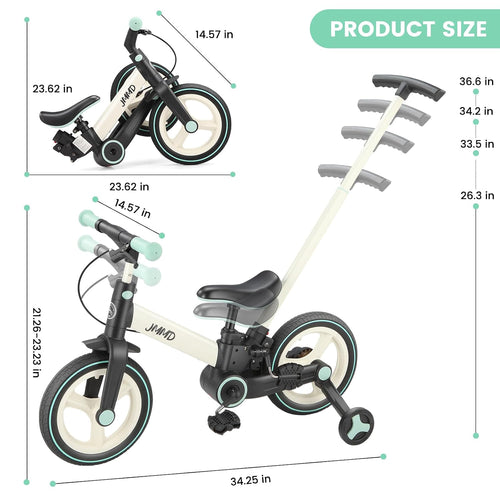 6 in 1 Toddler Bike with Push Handle for Kids 18-60 Months, 12 Foldable Balance Bike with Training Wheels, Pedals, Brakes, Kickstand, Push Tricycle Toddler Gift & Toys for Boy & Girl