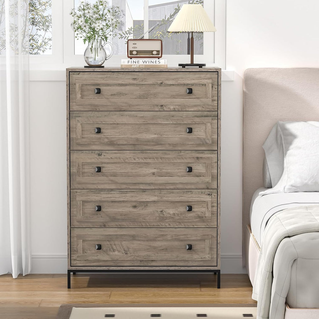 Chest of Drawers, Wood 5 Drawers Cabinet for Bedroom, Storage Unit with Metal Legs, Large Clothes Storage Dresser Organizer for Living Room Hallway, 115x80x40cm