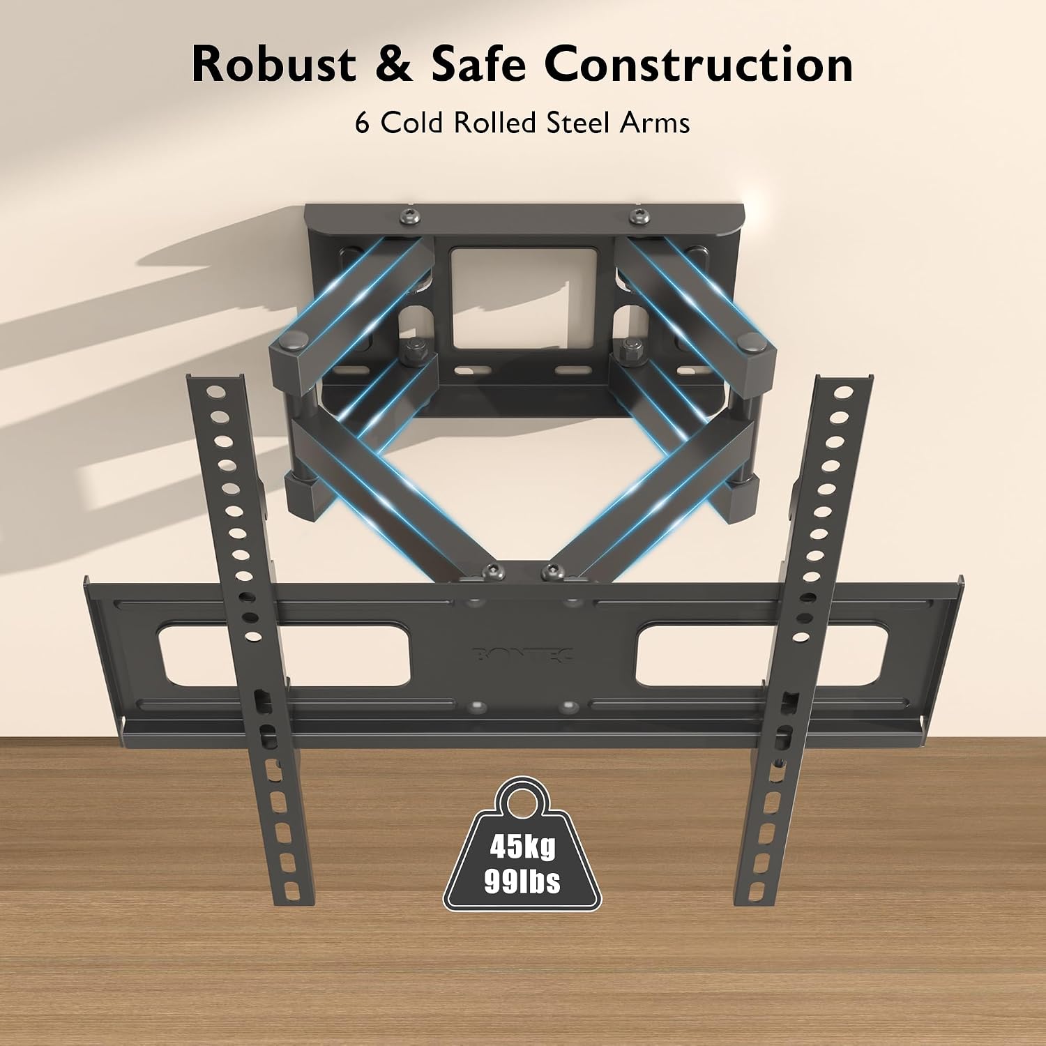 BONTEC TV Wall Bracket for 23-70 Inch TVs, Full Motion Wall Mount, 45 kg | Max VESA 400x400 mm, double arm design, swivel tilt extension to 380 mm, LED LCD OLED screens, spirit level included