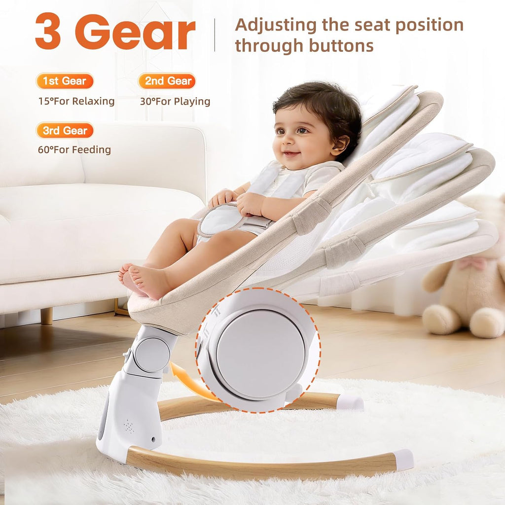 Electric Baby Swing Chair from Birth, 0–6 Months, max 9kg，Portable Newborn Baby Bouncer with Bluetooth, Rocking Rocker Chair 5 Swing Speed, 3 Angle Position, Remote Control & Touch Panel Beige