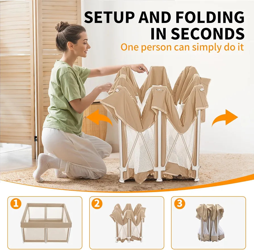 Foldable Baby Playpen,120×120cm Extra Large Collapsible Playpen for Babies and Toddlers, Indoor Outdoor Activity Center with Fence, Khaki