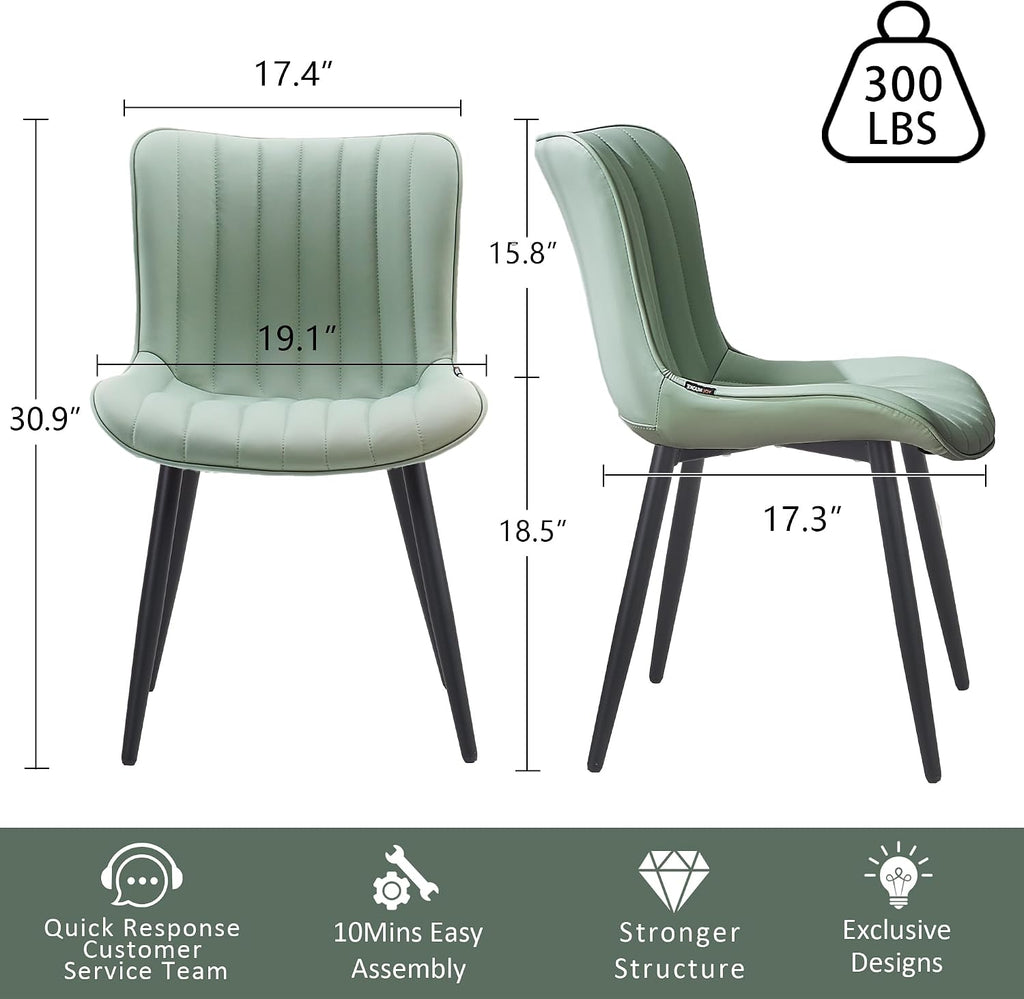 YOUNIKE Dining Chairs Set of 2 Modern Kitchen Dining Room Chairs with Metal Legs, Armless Upholstered Faux Leather Accent Chairs with Backrest, for Kitchen Living Room Receprion, Mint Green