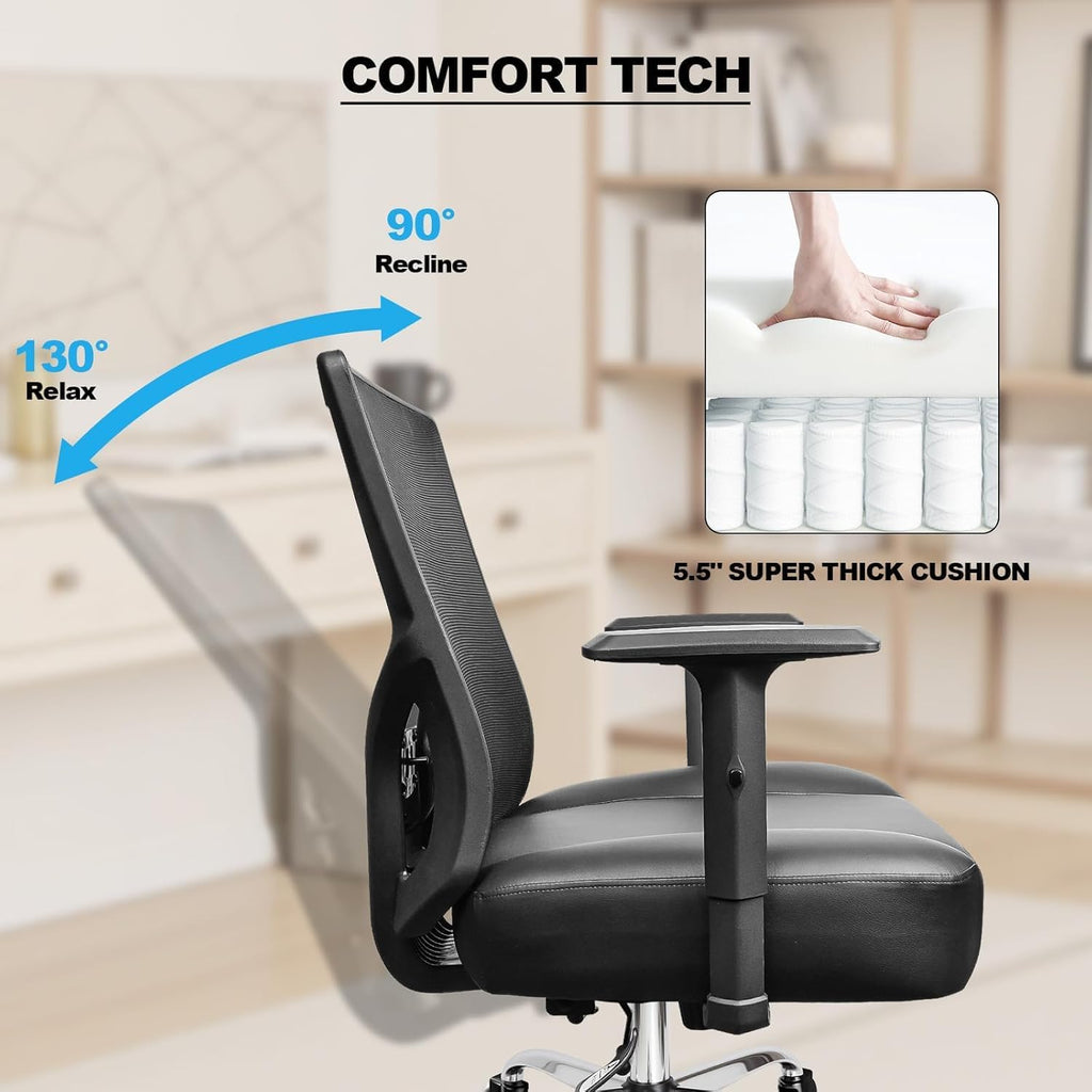 MELOKEA 440LBS/200KG Heavy Duty Office Chair, Extra Wide and Thick Spring Cushion Ergonomic Chair, Adjustable Lumbar Support & Pillow, PU Leather Big & Tall XXL for Heavy People and Sit Cross-Legged