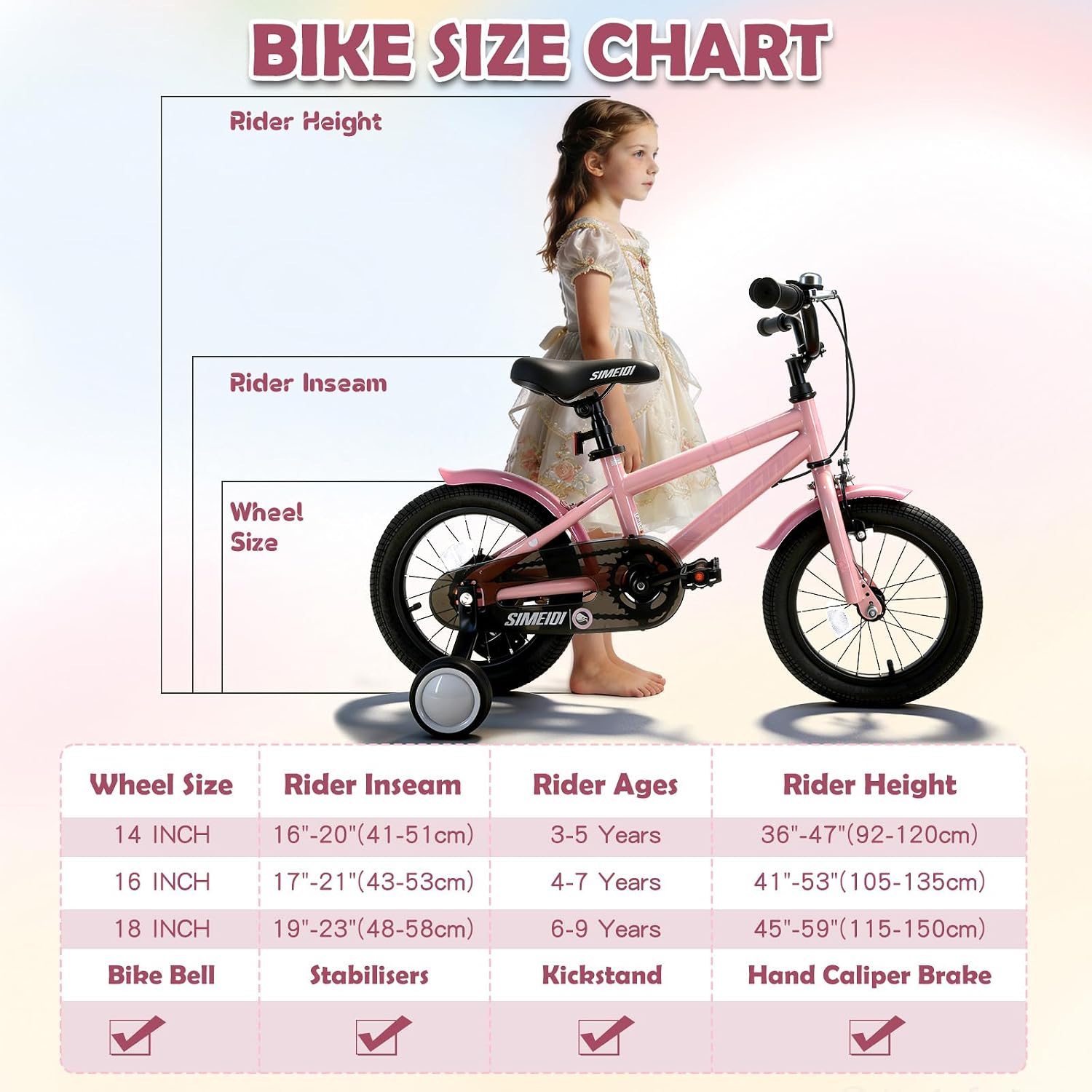 SIMEIQI 14 16 18 Inch Kids Bike for 3-9 Years Boys and Girls with Stabilisers & Kickstand
