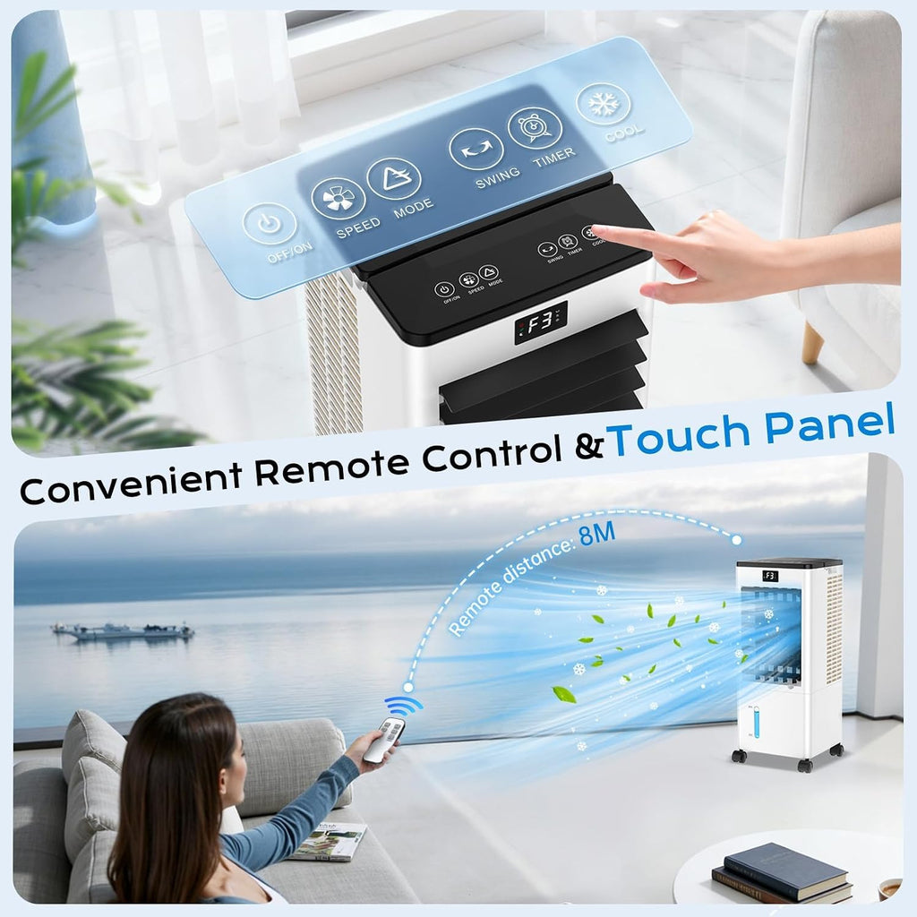 Mobile Air Conditioners, 60W Evaporative Air Cooler, LED Display 10M/S 3 Modes 8L Tank 12H Timer 60°/120° Oscillation Low Noise, Touch/Remote Control 4 Ice Box Air Conditioner Unit for Home Bedroom [Energy Class A++]