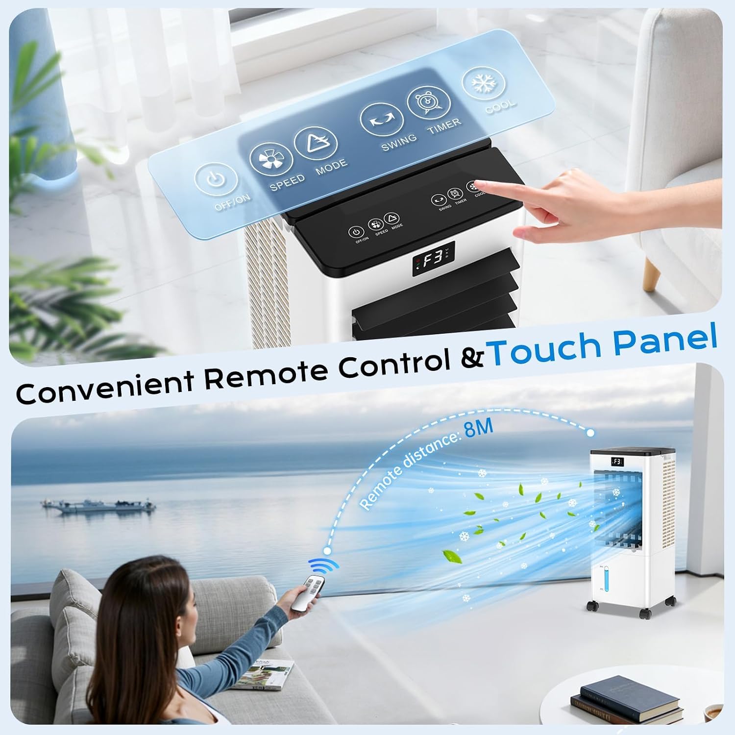Mobile Air Conditioners, 60W Evaporative Air Cooler, LED Display 10M/S 3 Modes 8L