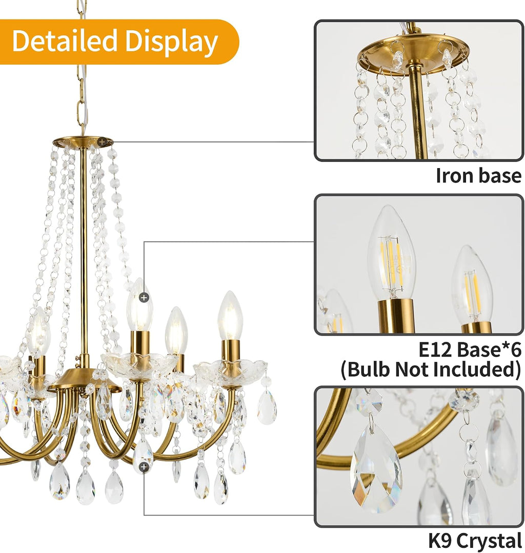 Crystal Chandelier,K9 Crystal Pendant Lighting for Living Room Golden Ceiling Fixture for Wedding,Kitchen,Dining,Foyer,H 18.5" x W 21.3"