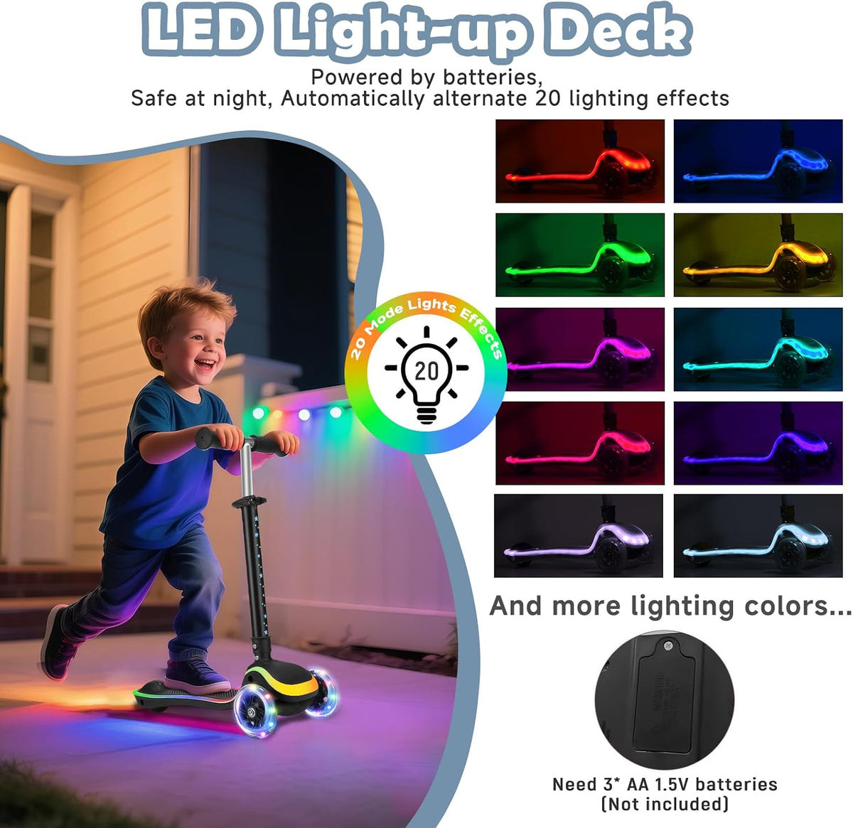 2 in 1 Scooter for Kids, 3 Wheel Toddler Scooter with Flip-able Seat, Easy Folding, Flashing Lights, Adjustable Height, Lean to Steer, Kick Scooter for Boys & Girls Ages 2-10 Black