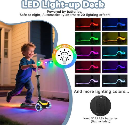 2 in 1 Scooter for Kids, 3 Wheel Toddler Scooter with Flip-able Seat, Easy Folding, Flashing Lights, Adjustable Height, Lean to Steer, Kick Scooter for Boys & Girls Ages 2-10 Black