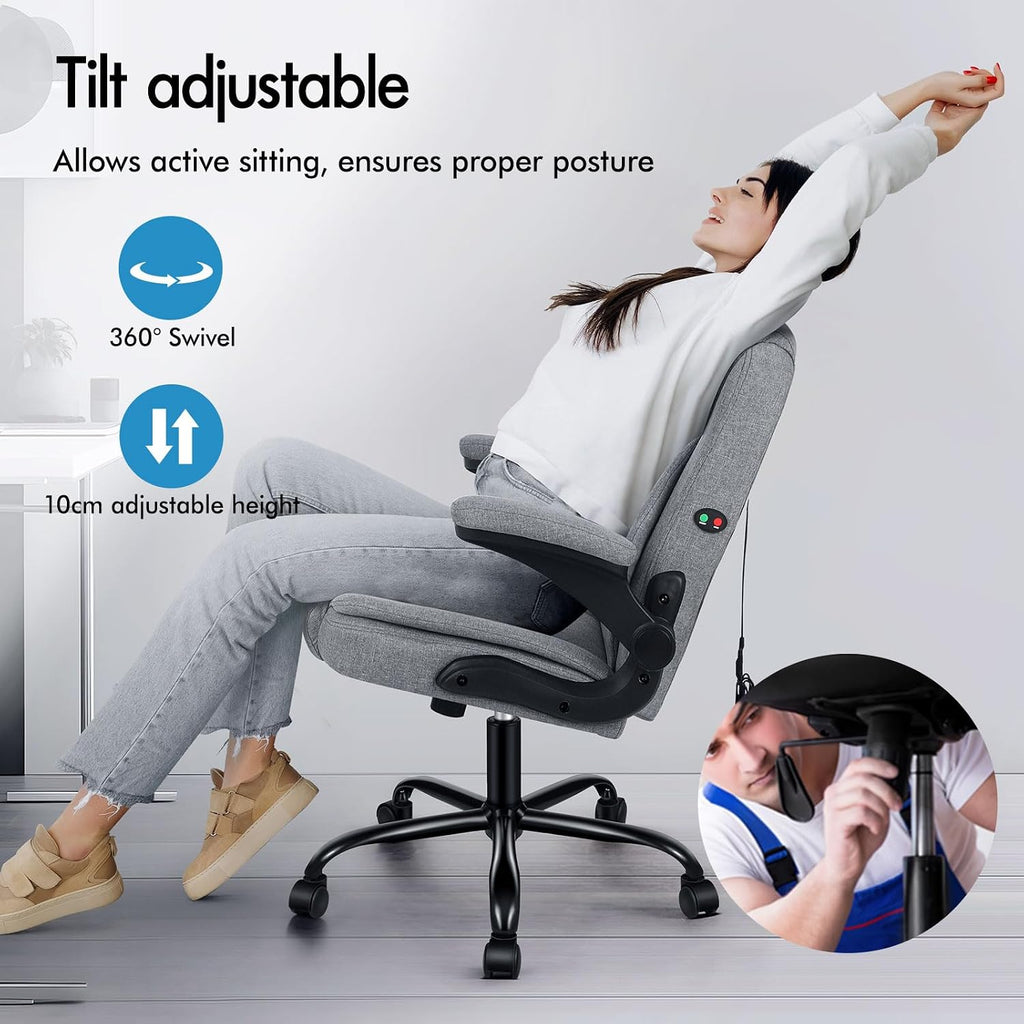 ELFORDSON Massage Home Office Chair, Mid-back Executive Work Chairs with 90° Flip-up Armrests, Adjustable Height, Swivel, Ergonomic Heavy-duty Desk Work Chair, PU Leather, Grey