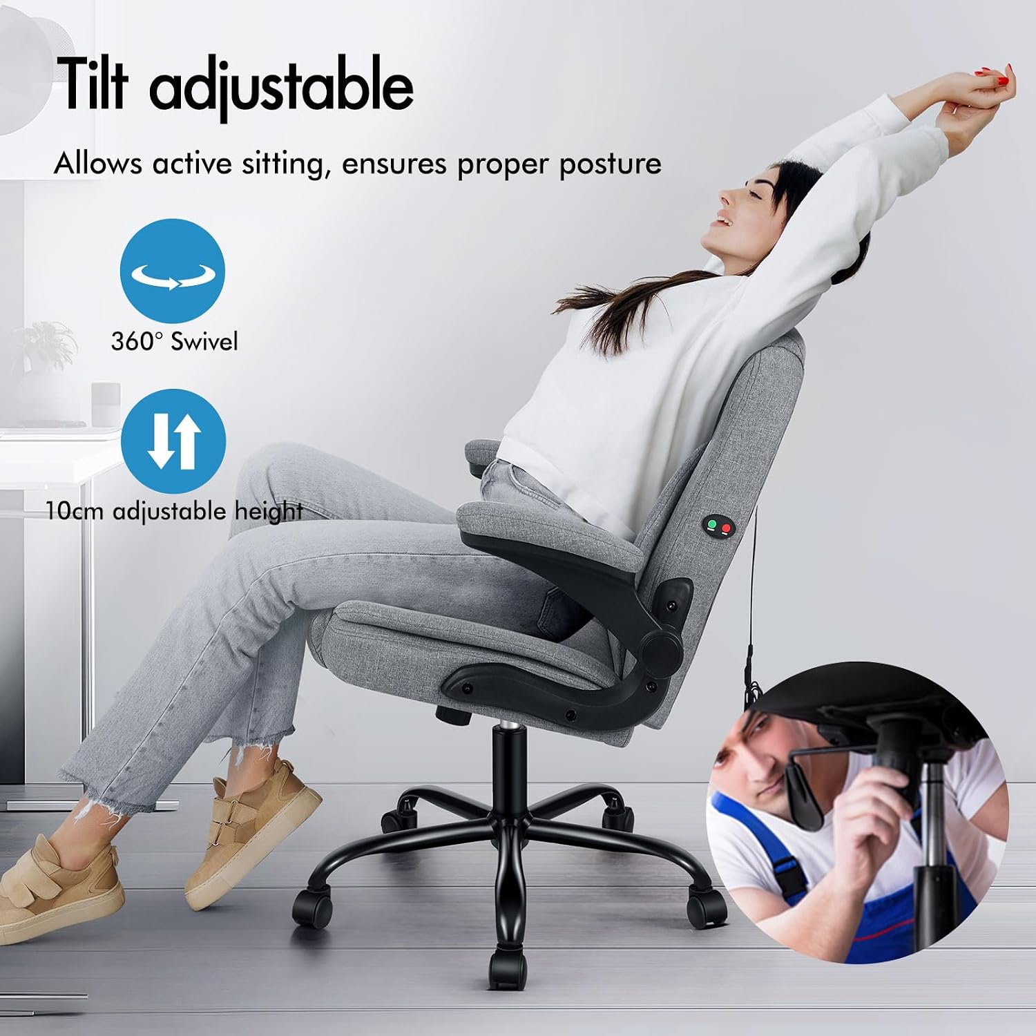 ELFORDSON Massage Home Office Chair, Mid-back Executive Work Chairs with 90° Flip-up Armrests, Adjustable Height, Swivel, Ergonomic Heavy-duty Desk Work Chair, PU Leather, Grey