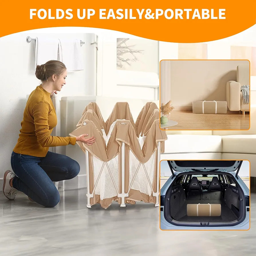 Foldable Baby Playpen,120×120cm Extra Large Collapsible Playpen for Babies and Toddlers, Indoor Outdoor Activity Center with Fence, Khaki