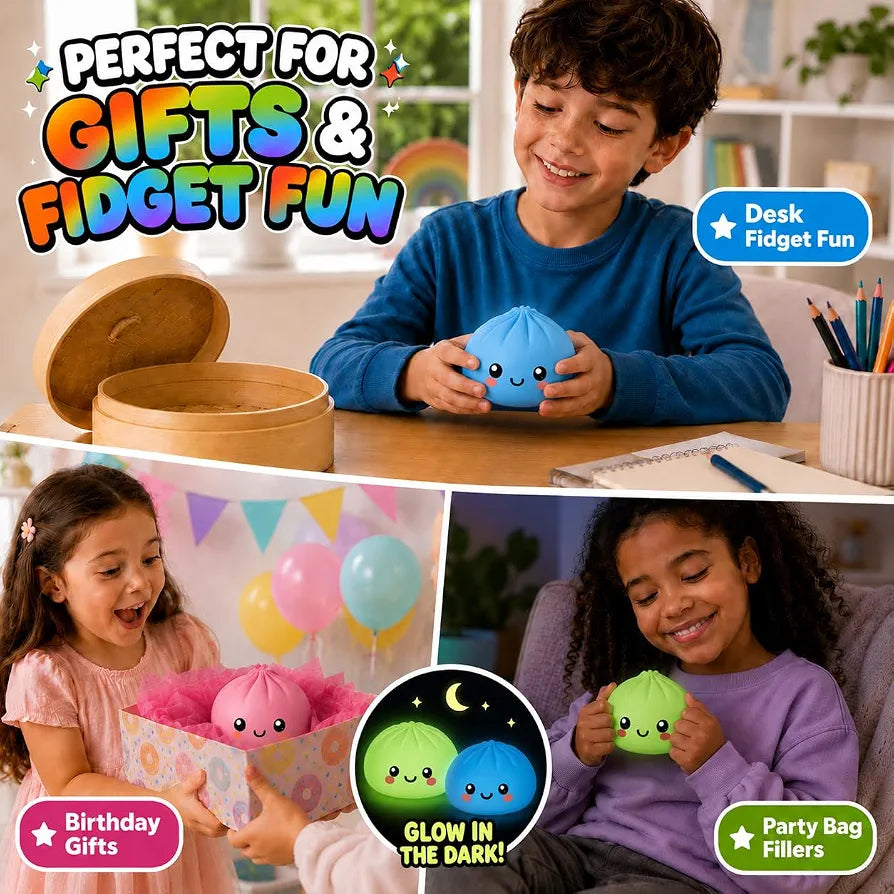 Glow in Dark Dumpling Toy 8.5cm - 1x Random Mystery Surprise Bao Bun Dumpling with Steamer Box, Air Filled Squishy Viral Dumpling, Fidget Toys for Kids 3+