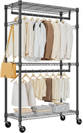Heavy Duty Rolling Garment Rack 3 Tiers Adjustable Wire Shelving Clothes Rack with 2 Rods and Side Hooks,Storage Closet Clothing Rack with Wheels Black 40 x 75 x 189.3 cm