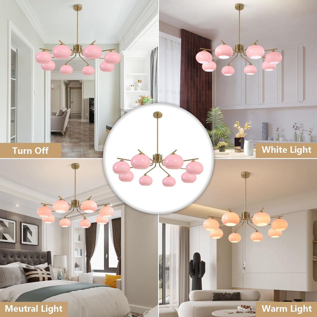 KCO Lighting Vintage Pink Glass Sputnik Chandelier with 8 Lights, Modern Living Room Brushed Brass Semi-Flush Mount Chandelier for Kitchen Island