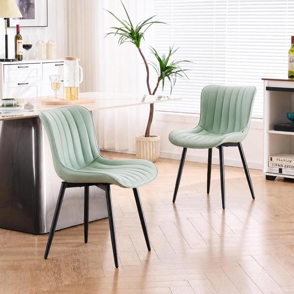 YOUNIKE Dining Chairs Set of 2 Modern Kitchen Dining Room Chairs with Metal Legs, Armless Upholstered Faux Leather Accent Chairs with Backrest, for Kitchen Living Room Receprion, Mint Green