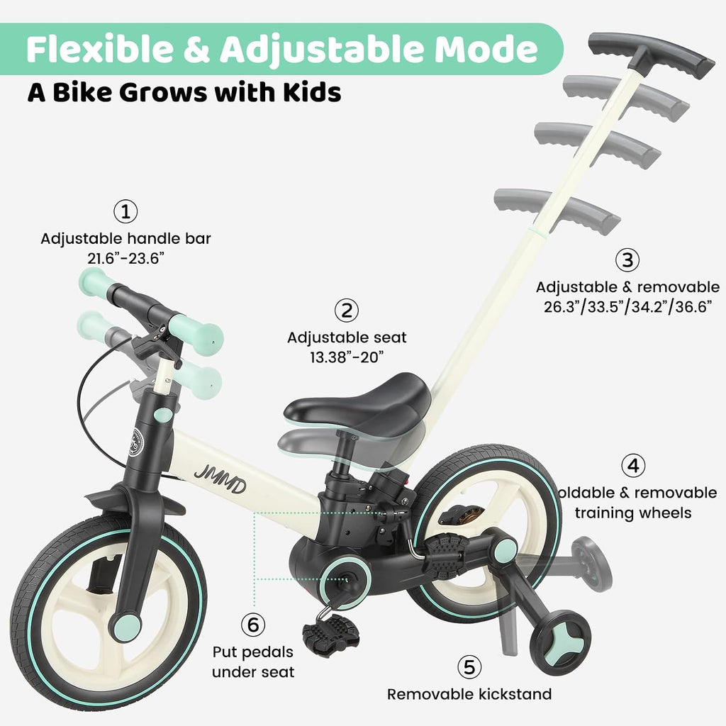 6 in 1 Toddler Bike with Push Handle for Kids 18-60 Months, 12 Foldable Balance Bike with Training Wheels, Pedals, Brakes, Kickstand, Push Tricycle Toddler Gift & Toys for Boy & Girl