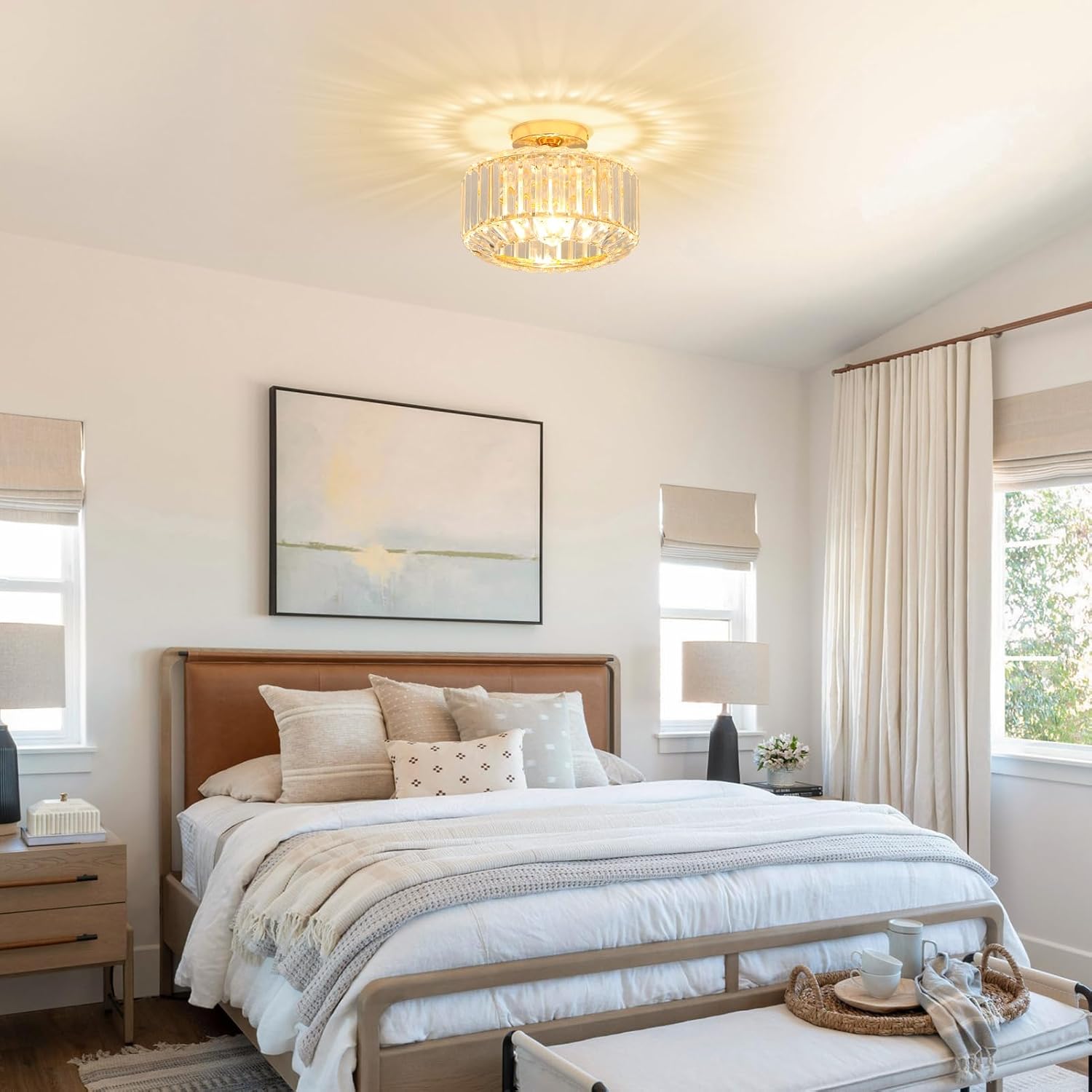 Rayofly Modern Crystal Chandeliers, Gold Ceiling Light Fitting with Glass Lampshade, Semi Flush Lights for Living Room, Bedroom, Kitchen, Hallway, Bathroom