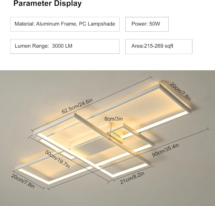 White Modern LED Ceiling Light, Dimmable Remote Control, 50W, 90cm