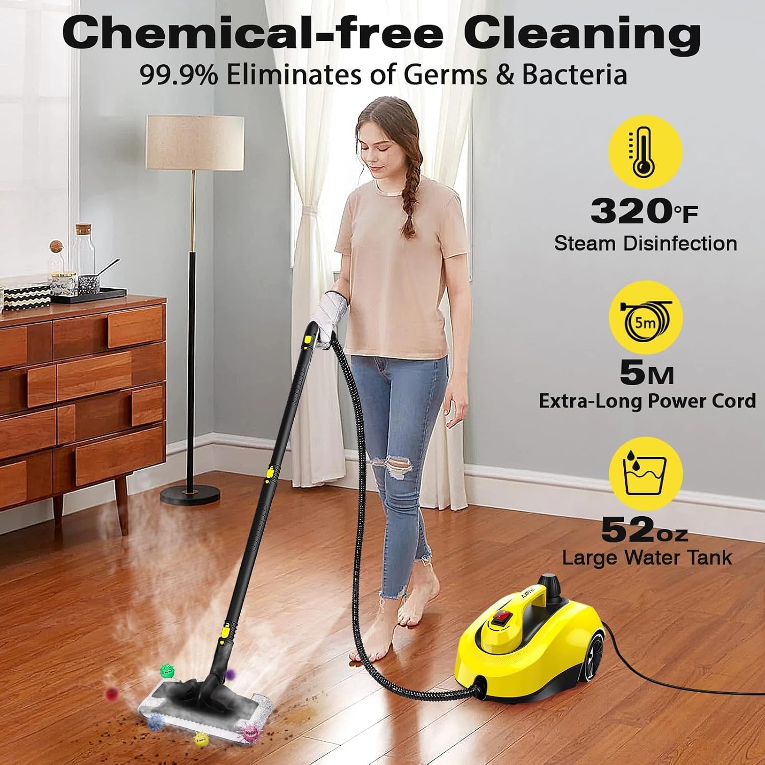 Steam Cleaner, Steamer for Cleaning with 26 Accessories, Steam Cleaner for Home with 5M Extra-Long Power Cord for Home Floor Cleaning, Tile Detailing, Grout, Upholstery