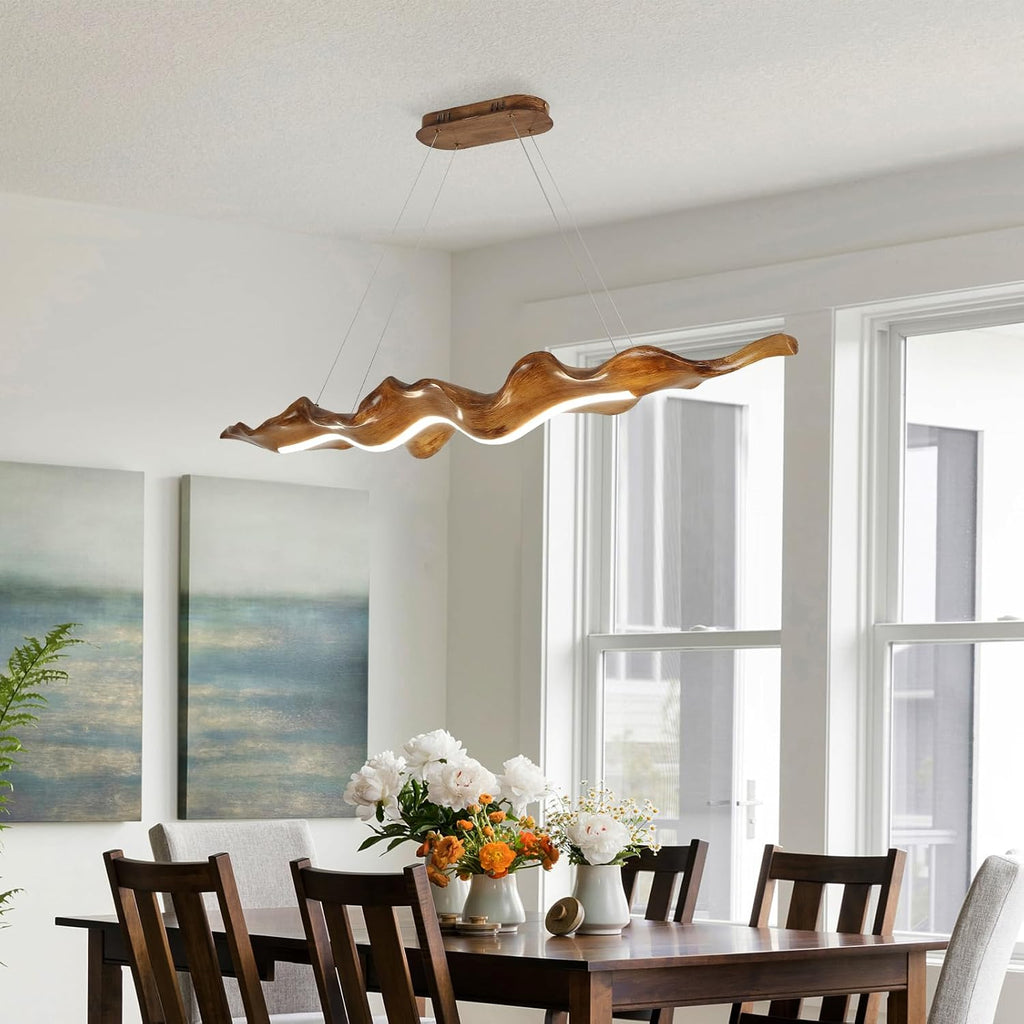 52W Kitchen Island Pendant Light 3000K-6000K Dimmable Chandeliers Hanging Lamp Adjustable with Remote Control, Wood Leaf Style LED Lighting for Kitchen Bedroom Study, 100Cm