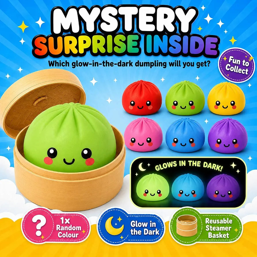 Glow in Dark Dumpling Toy 8.5cm - 1x Random Mystery Surprise Bao Bun Dumpling with Steamer Box, Air Filled Squishy Viral Dumpling, Fidget Toys for Kids 3+