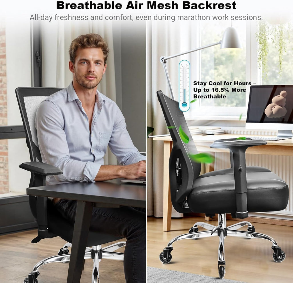 MELOKEA 440LBS/200KG Heavy Duty Office Chair, Extra Wide and Thick Spring Cushion Ergonomic Chair, Adjustable Lumbar Support & Pillow, PU Leather Big & Tall XXL for Heavy People and Sit Cross-Legged
