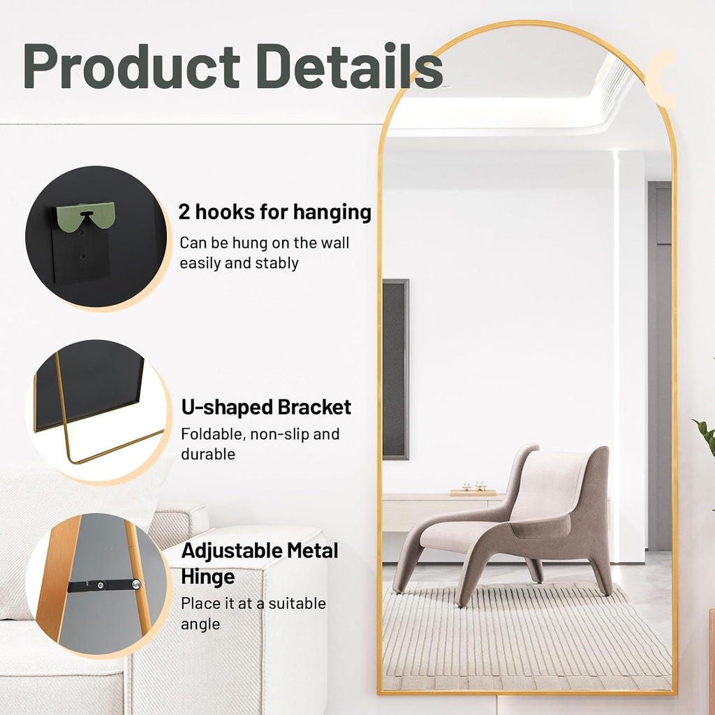Beauty4U Arched Full Length Mirror 200x100cm, Gold | Free Standing, Hanging or Leaning, Arched Top Large Floor Mirror with Aluminum Alloy Frame for Living Room or Bedroom