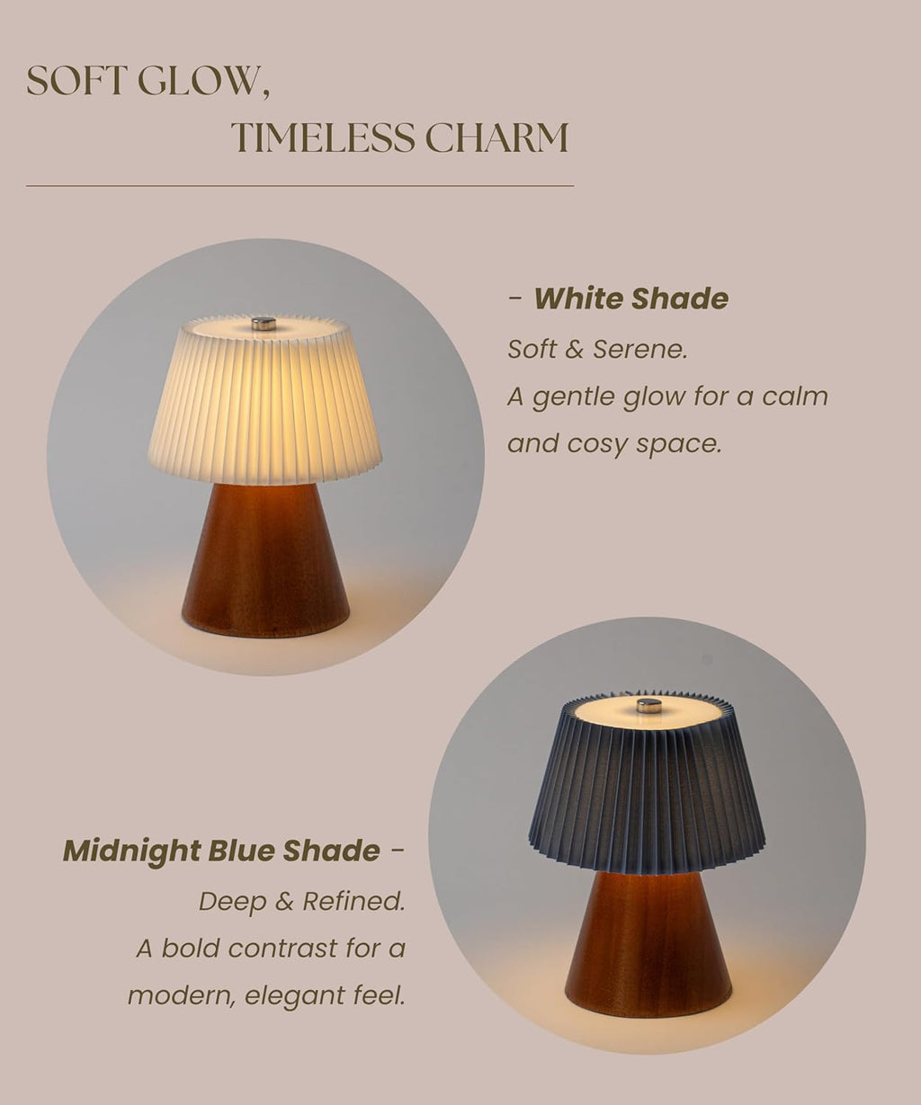 Pleated Shade LED Table Lamp – Midnight Blue, Battery-Operated, Warm White Light – Cordless Bedside or Desk Light, Decorative Lighting for Bedroom, Lounge, Dining Table – Aesthetic Gift