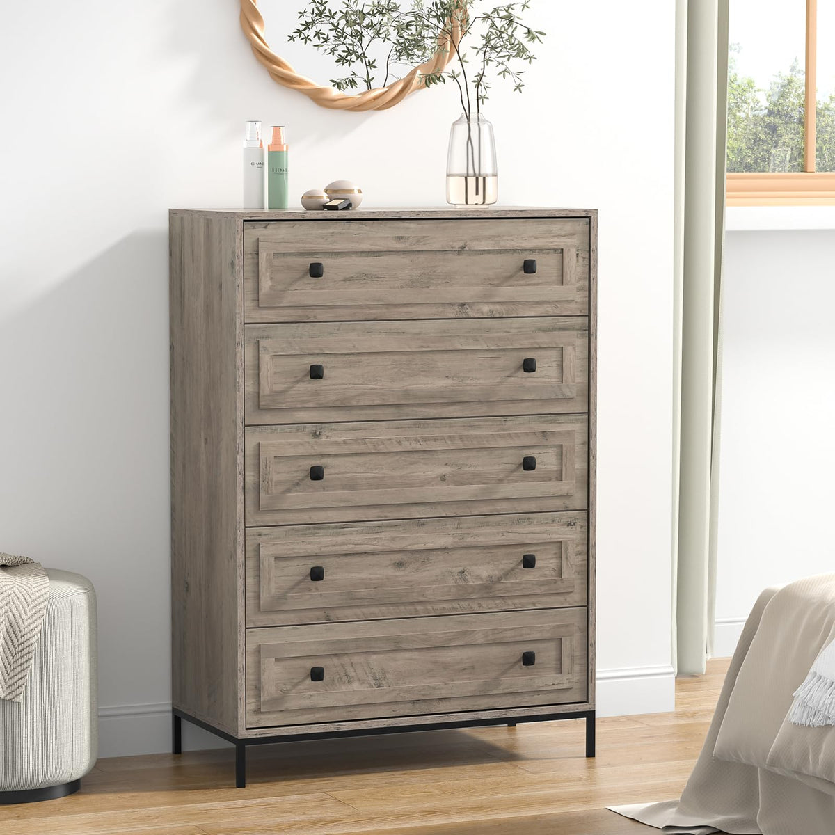 Chest of Drawers, Wood 5 Drawers Cabinet for Bedroom, Storage Unit with Metal Legs, Large Clothes Storage Dresser Organizer for Living Room Hallway, 115x80x40cm