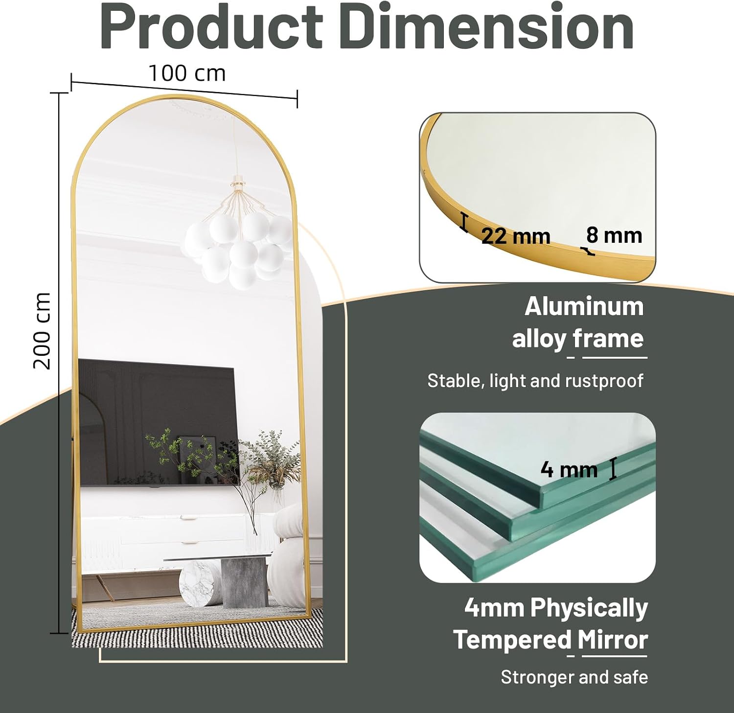 Beauty4U Arched Full Length Mirror 200x100cm, Gold | Free Standing, Hanging or Leaning, Arched Top Large Floor Mirror with Aluminum Alloy Frame for Living Room or Bedroom