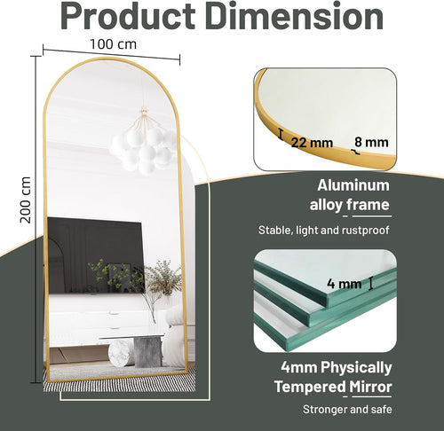 Beauty4U Arched Full Length Mirror 200x100cm, Gold | Free Standing, Hanging or Leaning, Arched Top Large Floor Mirror with Aluminum Alloy Frame for Living Room or Bedroom