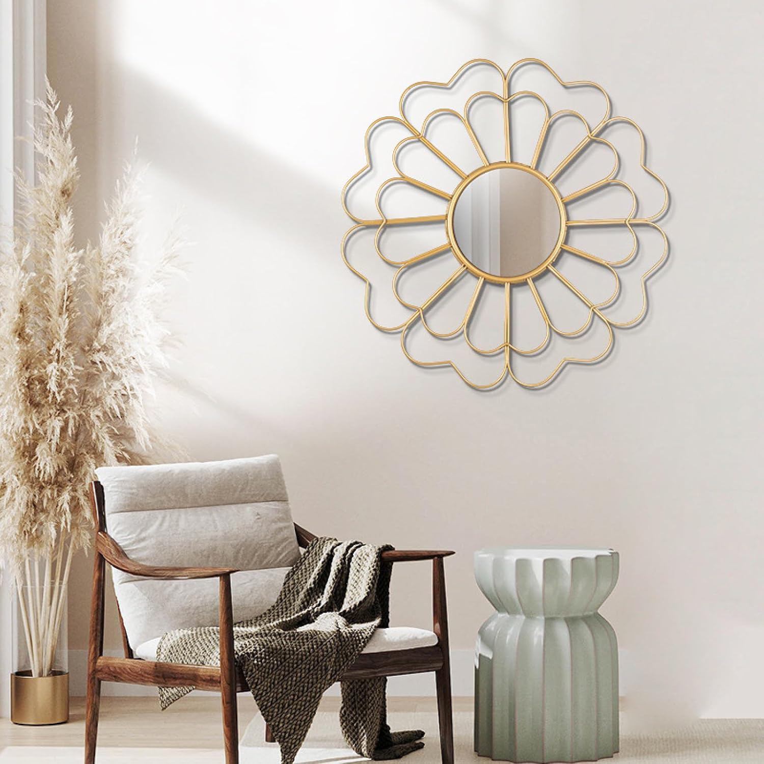 Gold Mirrors for Wall, Metal Sunburst Wall Mirror for Room Decor & Home Decor 15 inch Boho Wall Art Decorative Mirror