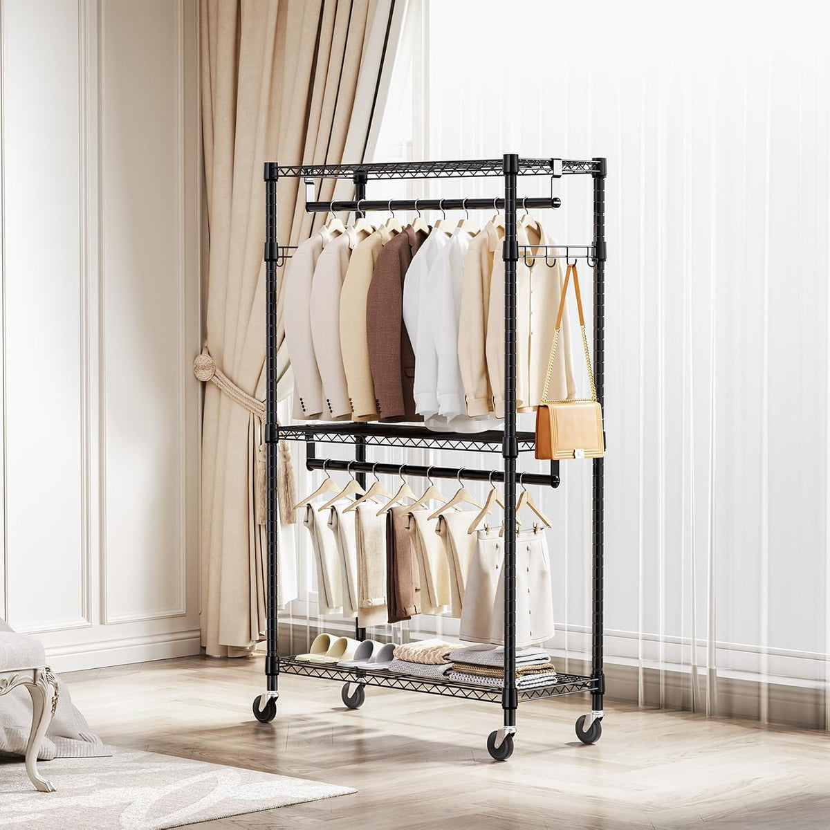Heavy Duty Rolling Garment Rack 3 Tiers Adjustable Wire Shelving Clothes Rack with 2 Rods and Side Hooks,Storage Closet Clothing Rack with Wheels Black 40 x 75 x 189.3 cm