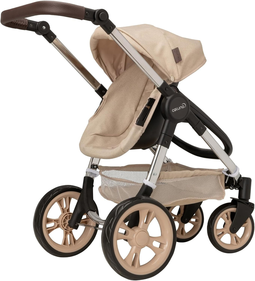 Celuna Premium Stone Dolls Travel System with 4 Pram Modes | Adjustable Handle 66.5–75cm | Foldable Dolls Pram & Pushchair