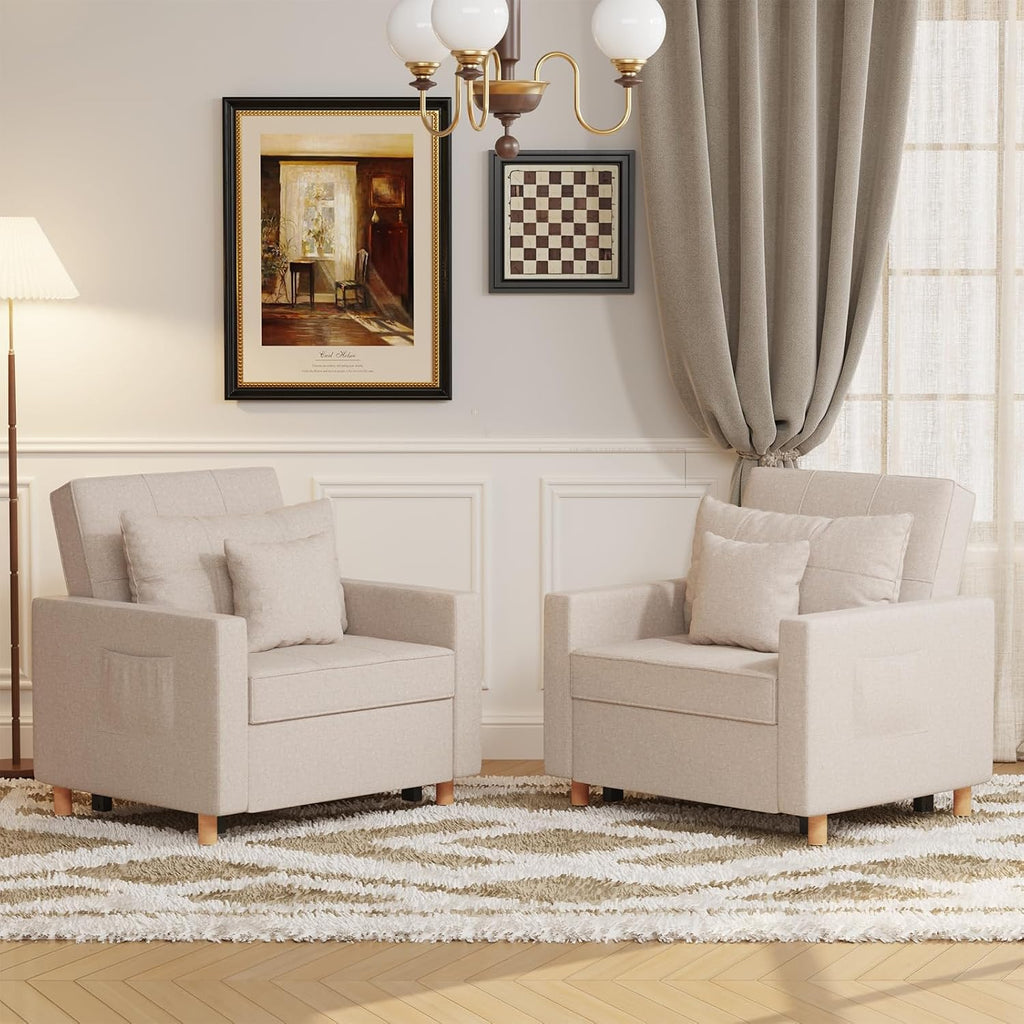 3-in-1 Single Sofa Bed Chair, Adjustable with Cup Holders, Beige