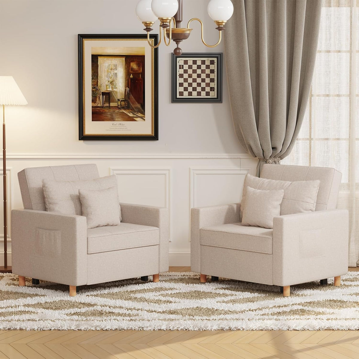 3-in-1 Single Sofa Bed Chair, Adjustable with Cup Holders, Beige