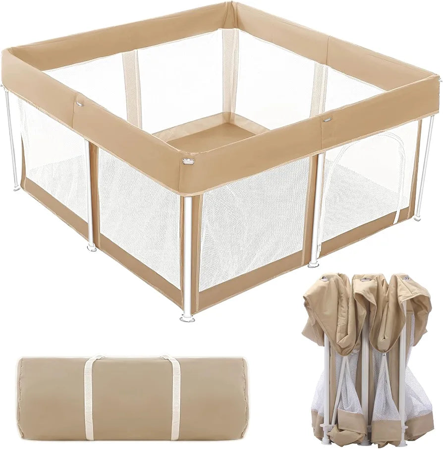 Foldable Baby Playpen,120×120cm Extra Large Collapsible Playpen for Babies and Toddlers, Indoor Outdoor Activity Center with Fence, Khaki