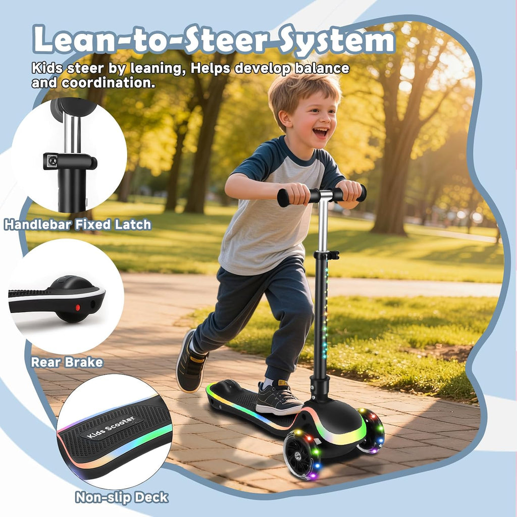 2 in 1 Scooter for Kids, 3 Wheel Toddler Scooter with Flip-able Seat, Easy Folding, Flashing Lights, Adjustable Height, Lean to Steer, Kick Scooter for Boys & Girls Ages 2-10 Black