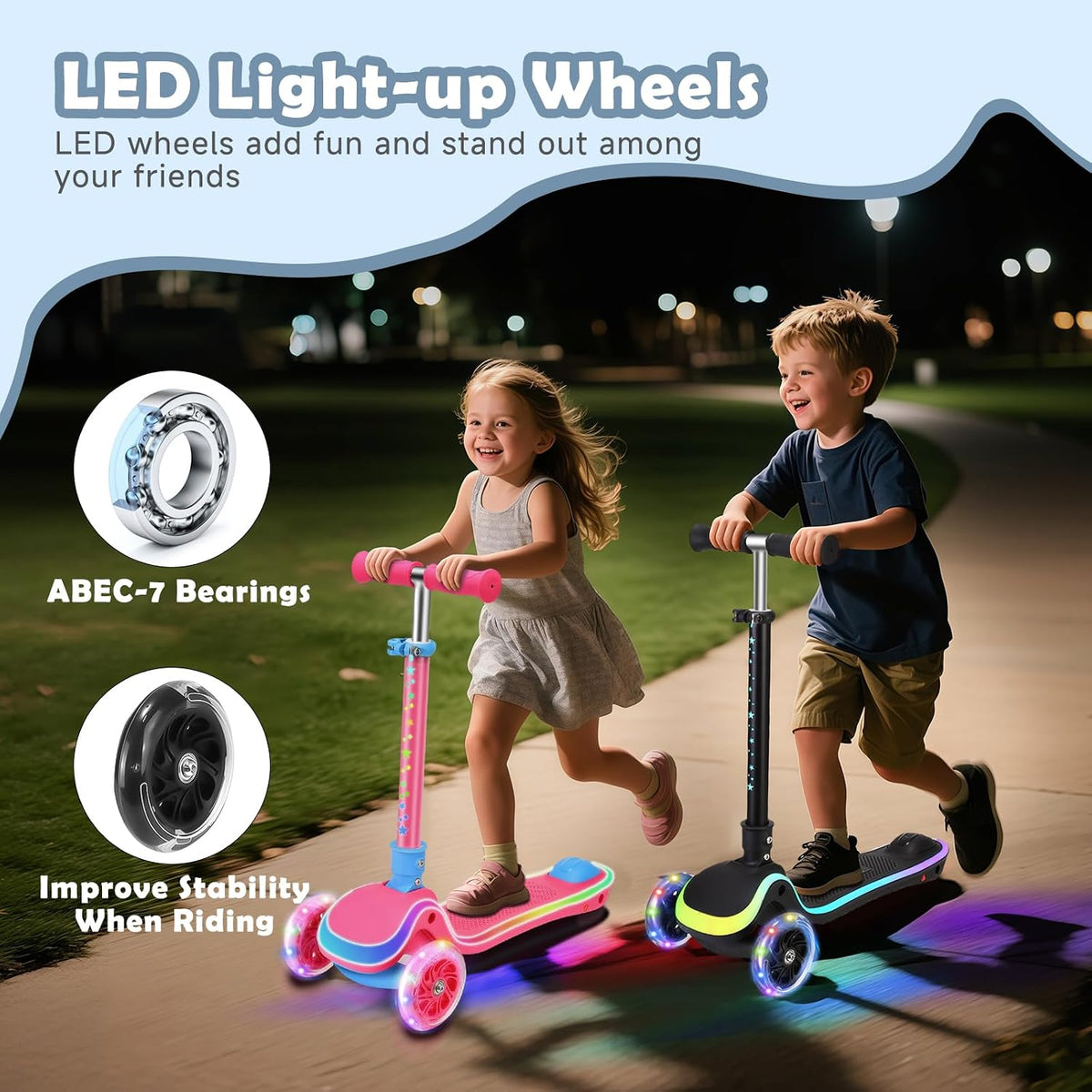 2 in 1 Scooter for Kids, 3 Wheel Toddler Scooter with Flip-able Seat, Easy Folding, Flashing Lights, Adjustable Height, Lean to Steer, Kick Scooter for Boys & Girls Ages 2-10 Black