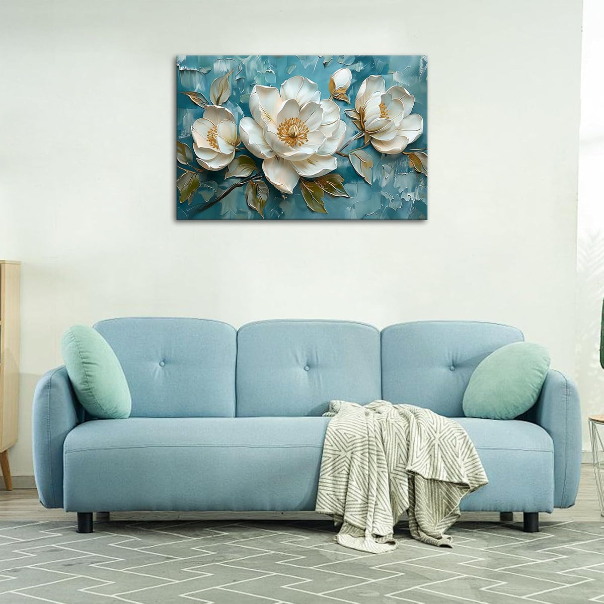 FajerminArt Framed Large White Peony Flowers Canvas Wall Art Vintage Blue White Floral Canvas Prints Painting Wall Artwork Picture for Living Room Bedroom Home Decorations Ready To Hang 24"x36" White Peony Flowers 90L x 60W cm