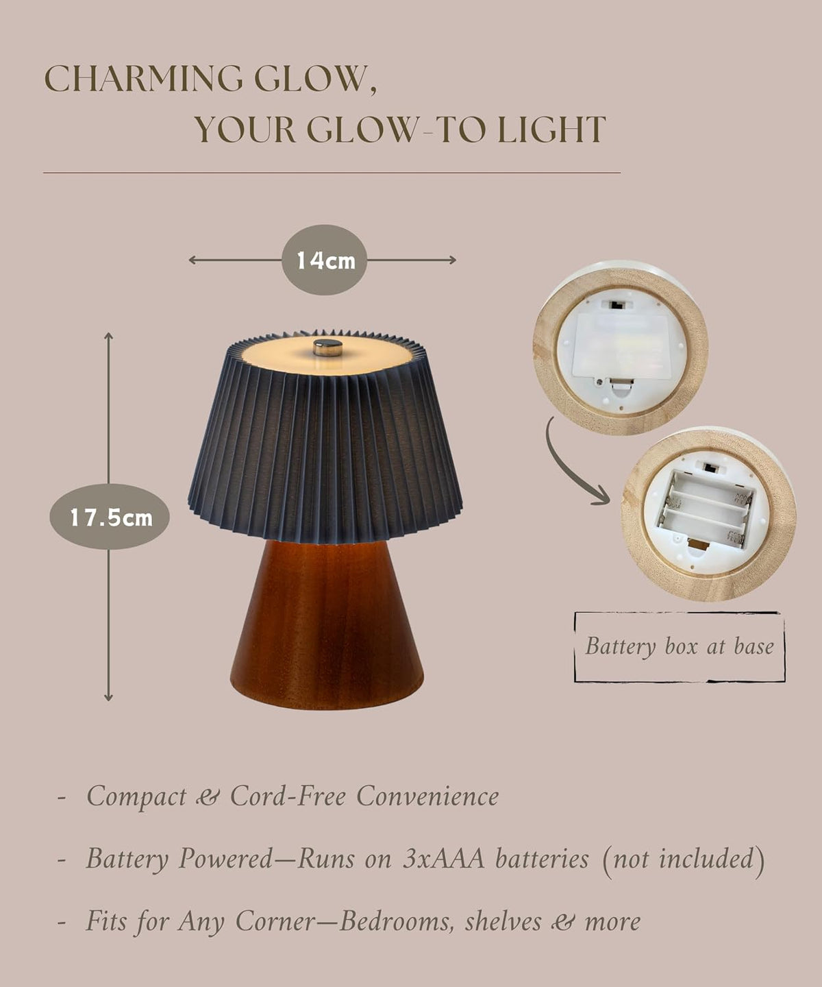 Pleated Shade LED Table Lamp – Midnight Blue, Battery-Operated, Warm White Light – Cordless Bedside or Desk Light, Decorative Lighting for Bedroom, Lounge, Dining Table – Aesthetic Gift