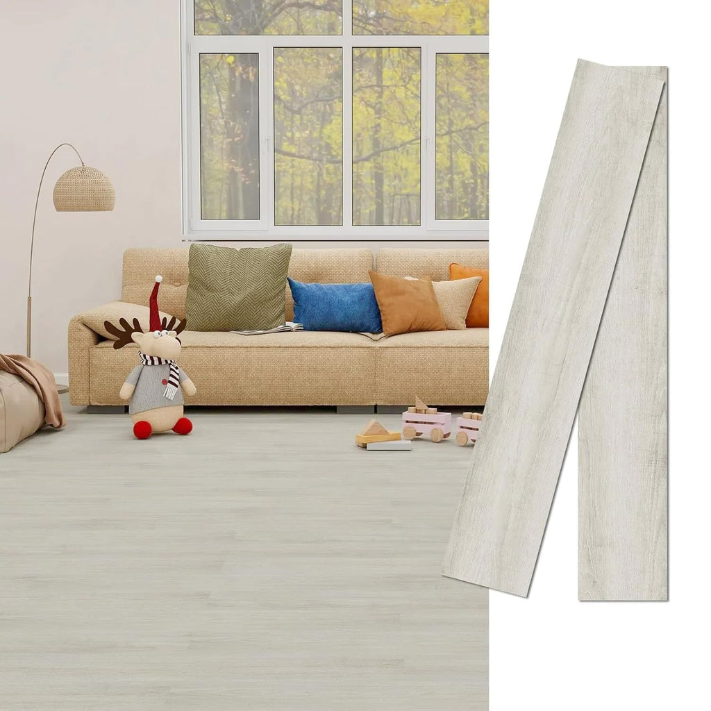 MULGREAT Vinyl Flooring, 16Pieces Self Adhesive Vinyl Floor Tiles, Waterproof Peel and Stick Floor Planks for Bedroom Bathroom Kitchen Hallway 16 Planks (2.23m²) Tea White