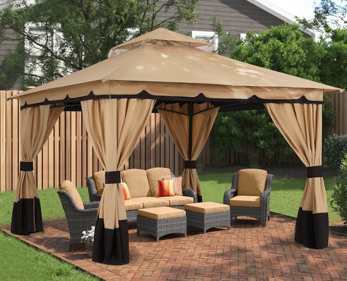 ABCCANOPY 3x3.6M Pop-up Gazebo Double Tier Roof Outdoor Canopy Shelter with Curtains Sidewalls, Beige