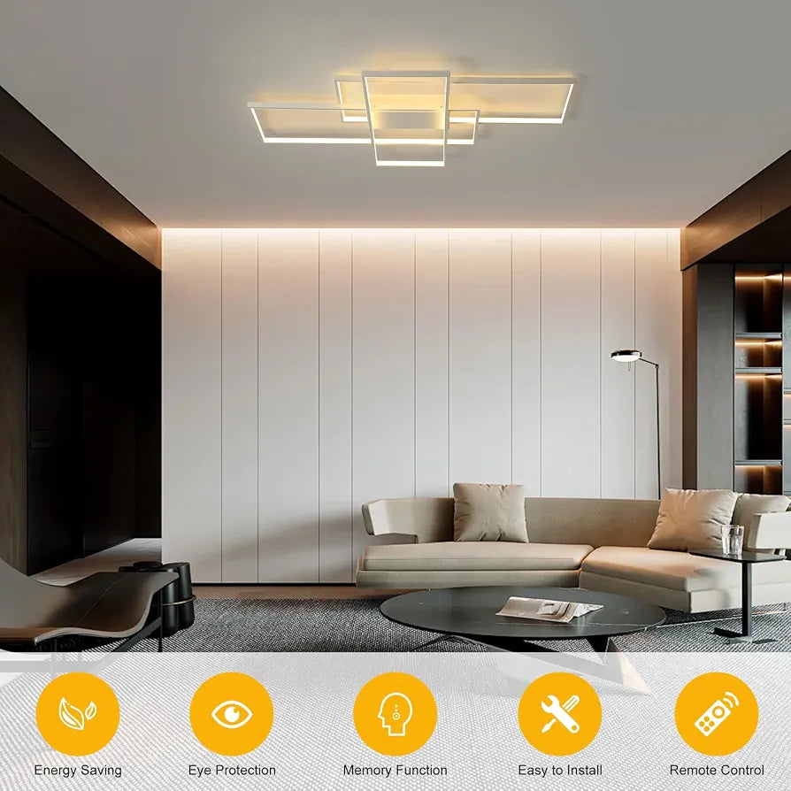 White Modern LED Ceiling Light, Dimmable Remote Control, 50W, 90cm