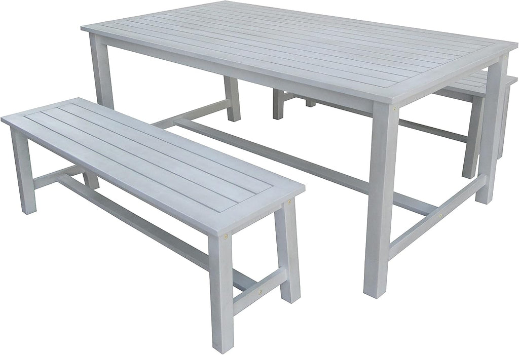 Acacia Wooden Bench Dining Set, White, Large