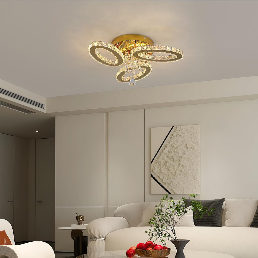 VETRULUS Crystal Chandelier Gold Flush Mount Light Dining Room Tri-Color