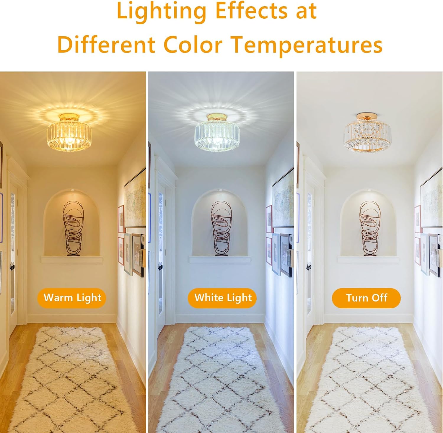 Rayofly Modern Crystal Chandeliers, Gold Ceiling Light Fitting with Glass Lampshade, Semi Flush Lights for Living Room, Bedroom, Kitchen, Hallway, Bathroom