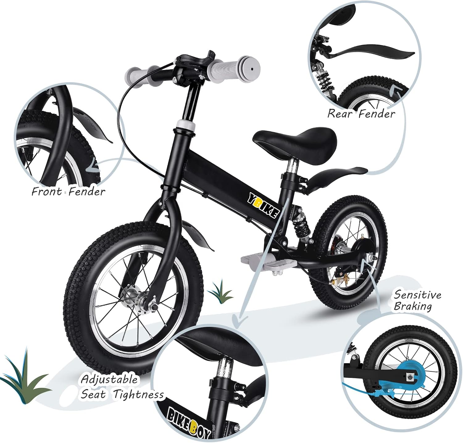 YBIKE 2 in 1 Balance Bike, 12 14 Inch Kids Bike, Suitable for 2-7 Years Old, Kids' Balance Bike with Pedal, Shock Absorber, Fenders, Brakes, 4 Colors Training Bike