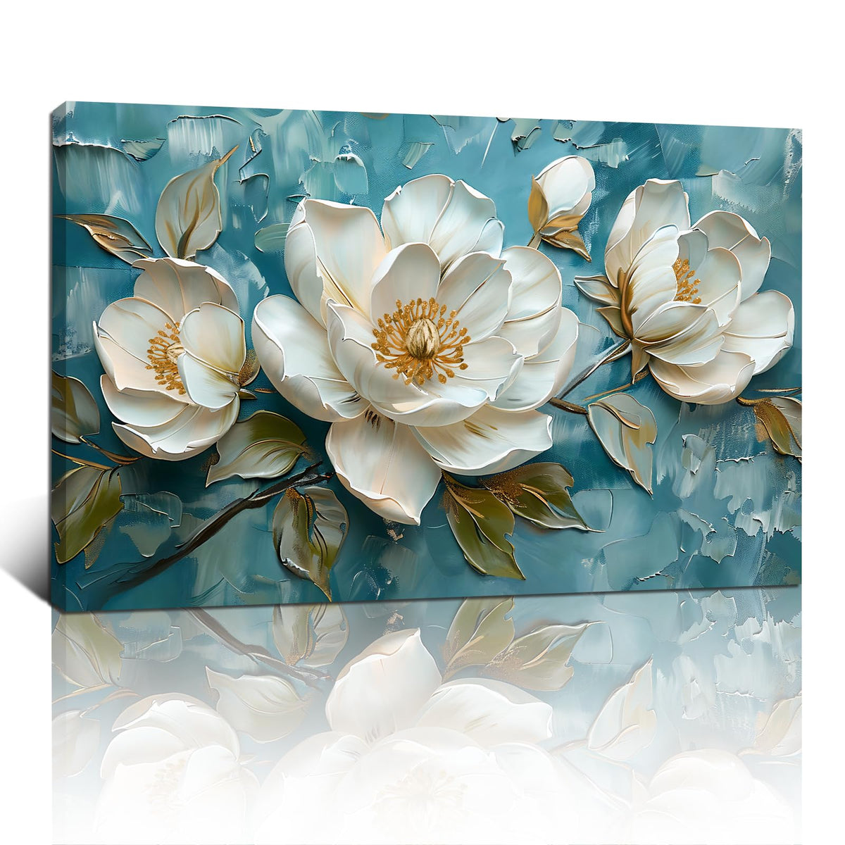 FajerminArt Framed Large White Peony Flowers Canvas Wall Art Vintage Blue White Floral Canvas Prints Painting Wall Artwork Picture for Living Room Bedroom Home Decorations Ready To Hang 24"x36" White Peony Flowers 90L x 60W cm